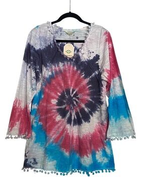NWT Anandas Collection Tunic Top Tie Dye Pom Pom Trim Turquoise Pink Size XL